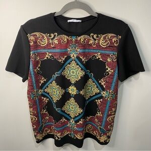 Women’s Zara Basic top gold, red and black embellished Top size L.